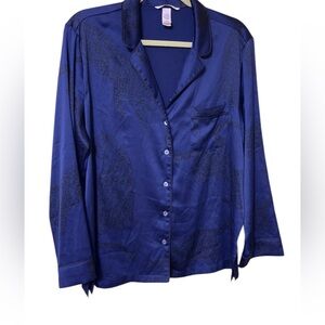 Victoria’s Secret Blue Leopard Satin Pajama Shirt Button Front M